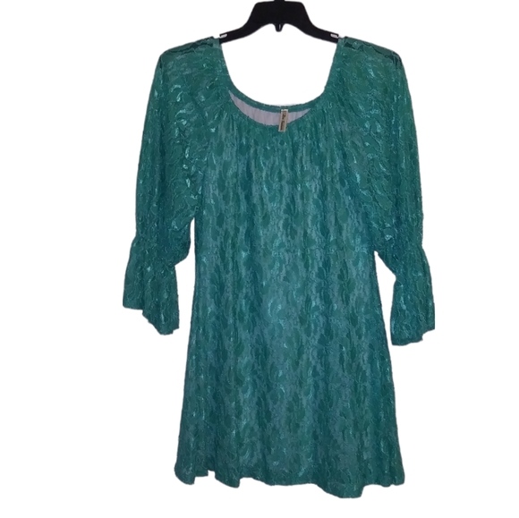 2TEE COUTURE Size Large Lace Dress Mint Green With Sheer Bell Sleeves Tunic - Picture 11 of 12
